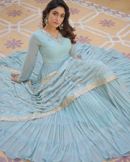 Gorgeous Ruffle Flair Sky Blue Georgette  Anarkali Suit