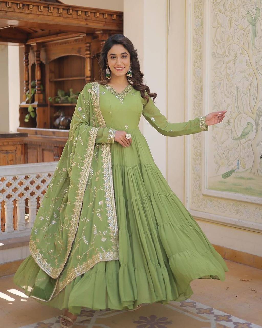 Gorgeous Ruffle Flair Green Georgette  Anarkali Suit