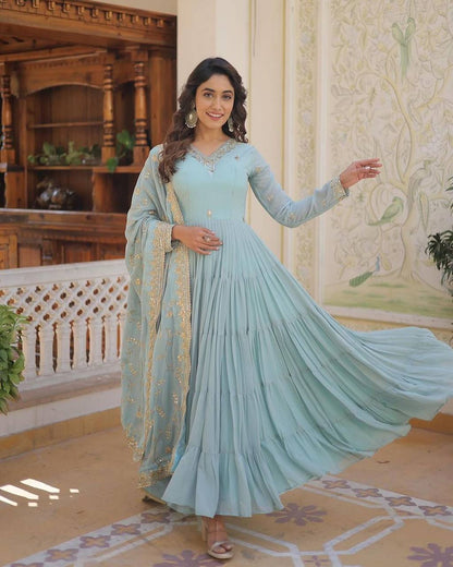 Gorgeous Ruffle Flair Sky Blue Georgette  Anarkali Suit