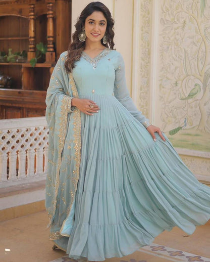 Gorgeous Ruffle Flair Sky Blue Georgette  Anarkali Suit