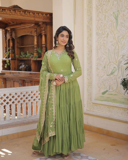 Gorgeous Ruffle Flair Green Georgette  Anarkali Suit