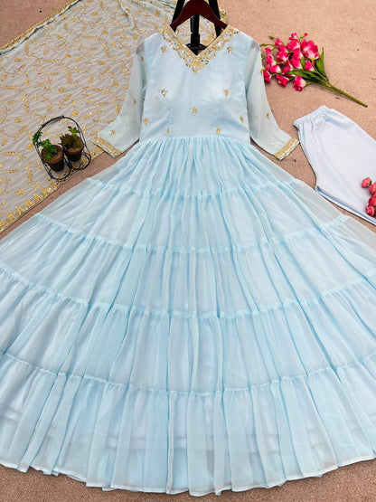 Gorgeous Ruffle Flair Sky Blue Georgette  Anarkali Suit