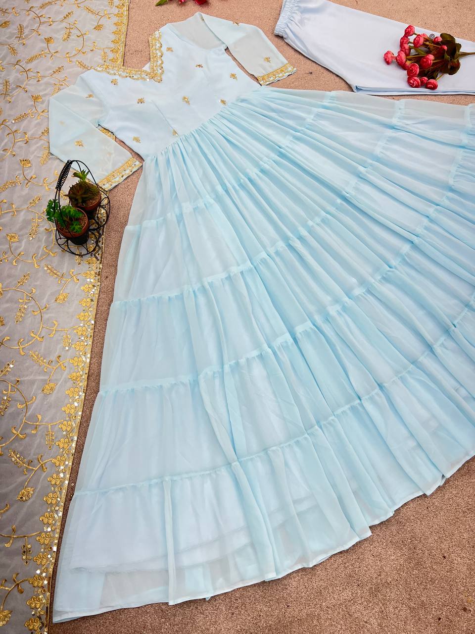 Gorgeous Ruffle Flair Sky Blue Georgette  Anarkali Suit