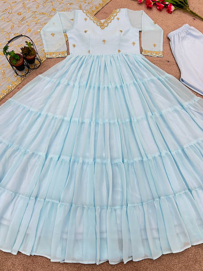 Gorgeous Ruffle Flair Sky Blue Georgette  Anarkali Suit