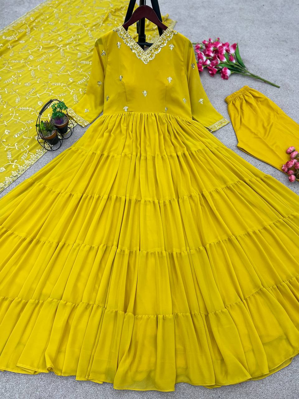 Gorgeous Ruffle Flair Yellow Georgette  Anarkali Suit