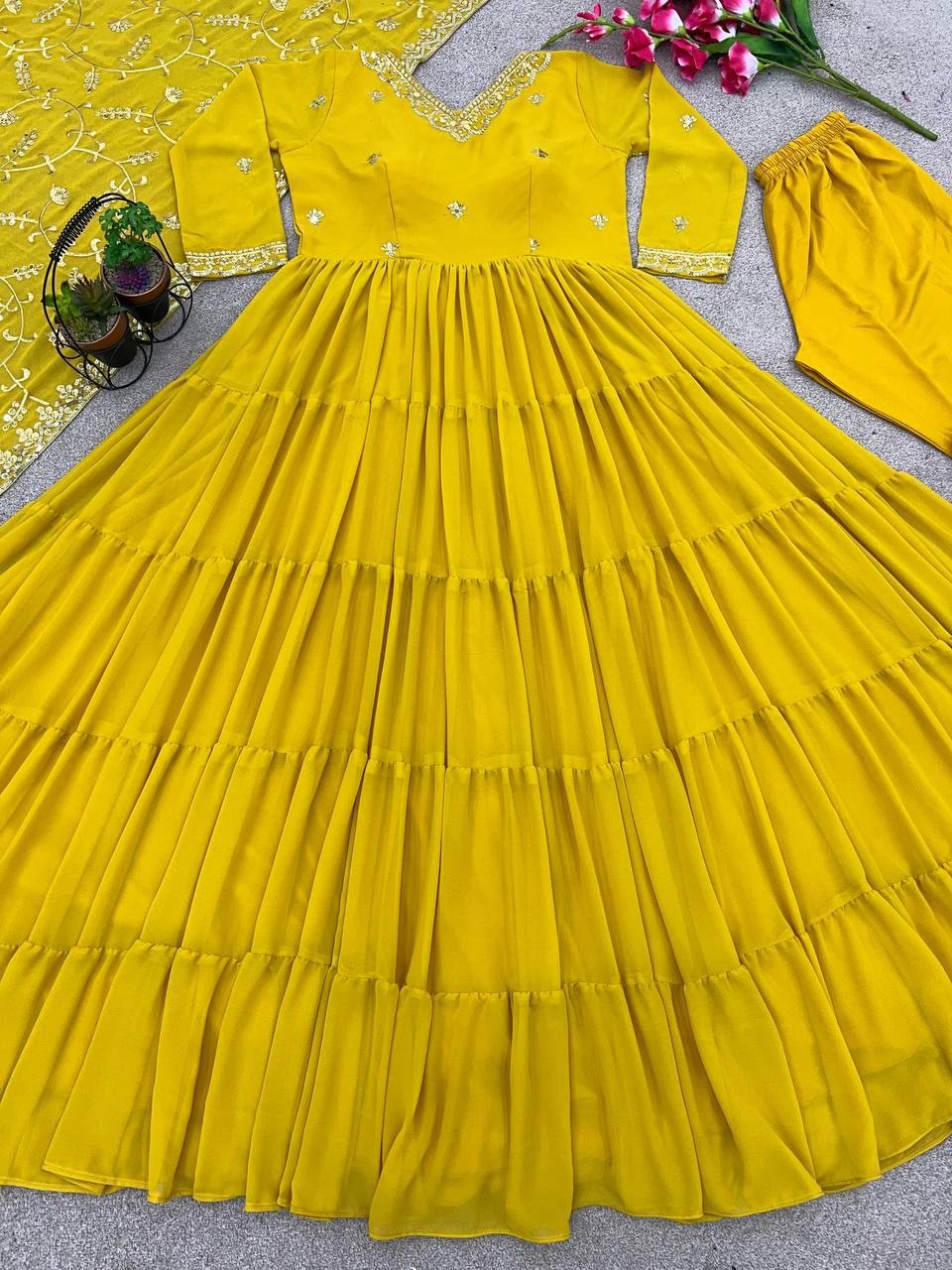 Gorgeous Ruffle Flair Yellow Georgette  Anarkali Suit