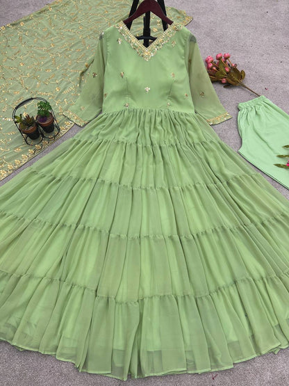 Gorgeous Ruffle Flair Green Georgette  Anarkali Suit