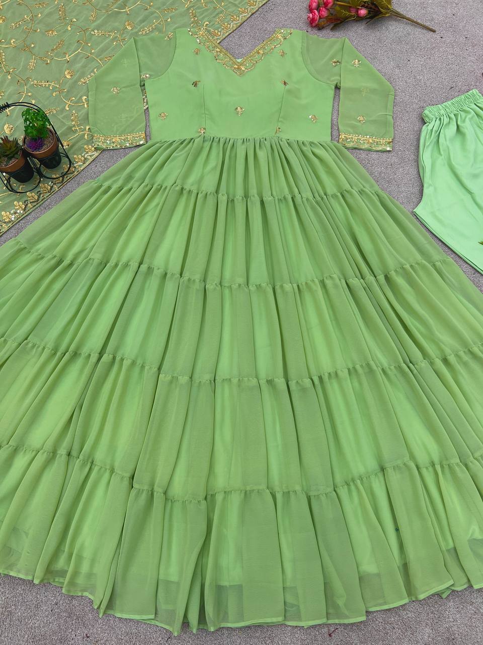 Gorgeous Ruffle Flair Green Georgette  Anarkali Suit