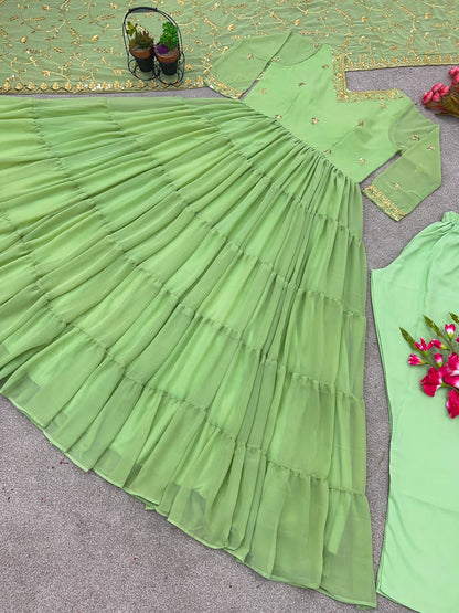 Gorgeous Ruffle Flair Green Georgette  Anarkali Suit