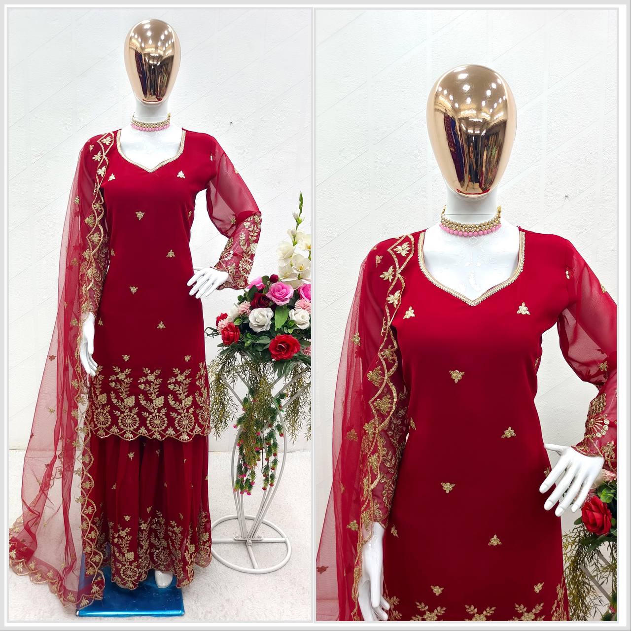 Function Wear Red Color Full Sequence Embroidery Work Sharara Suit