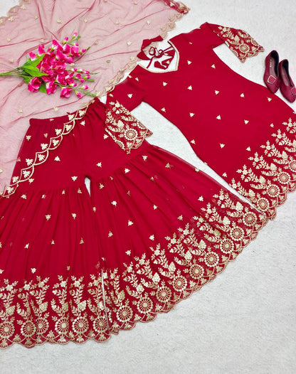 Function Wear Red Color Full Sequence Embroidery Work Sharara Suit