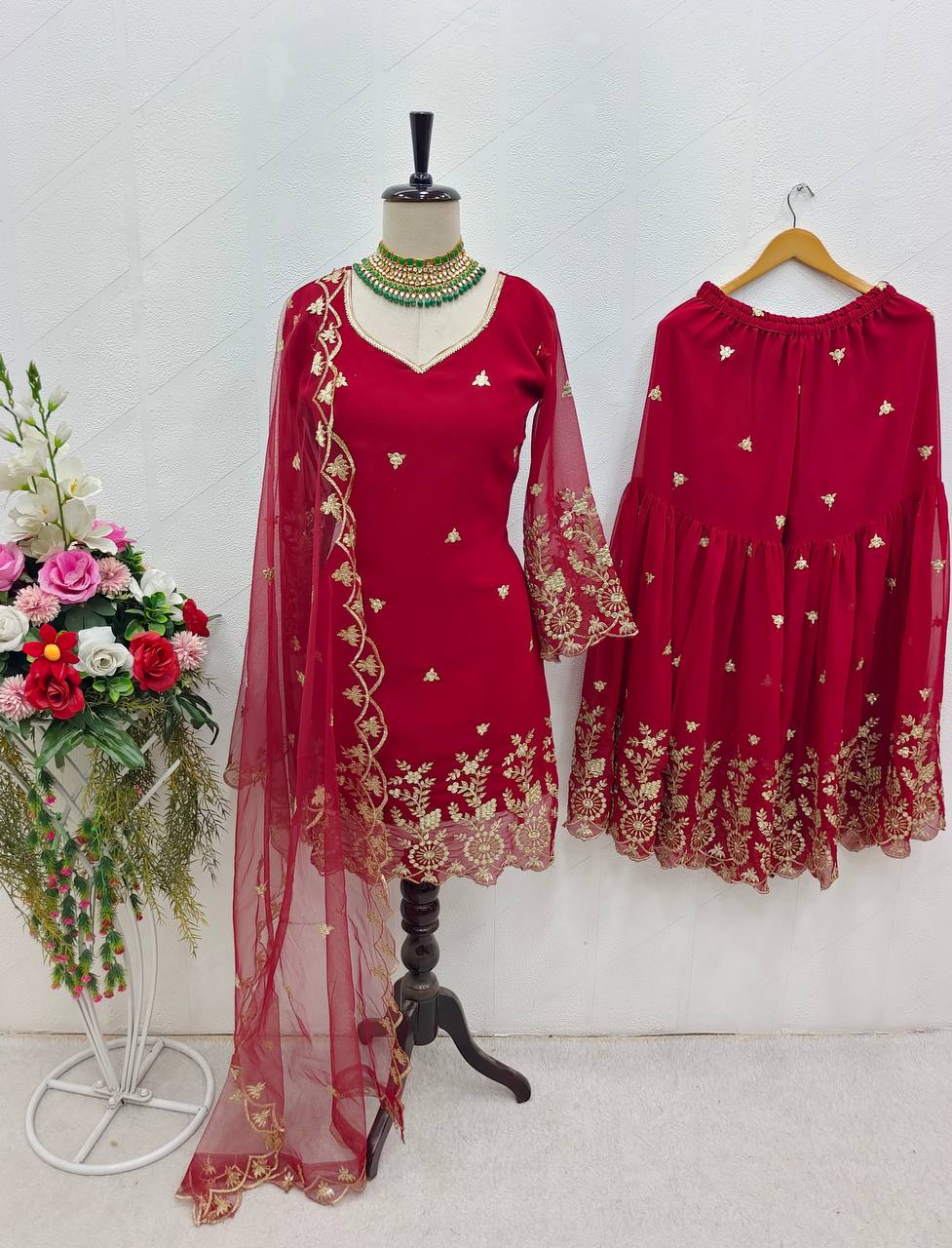 Function Wear Red Color Full Sequence Embroidery Work Sharara Suit