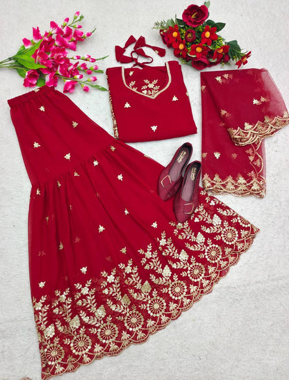 Function Wear Red Color Full Sequence Embroidery Work Sharara Suit