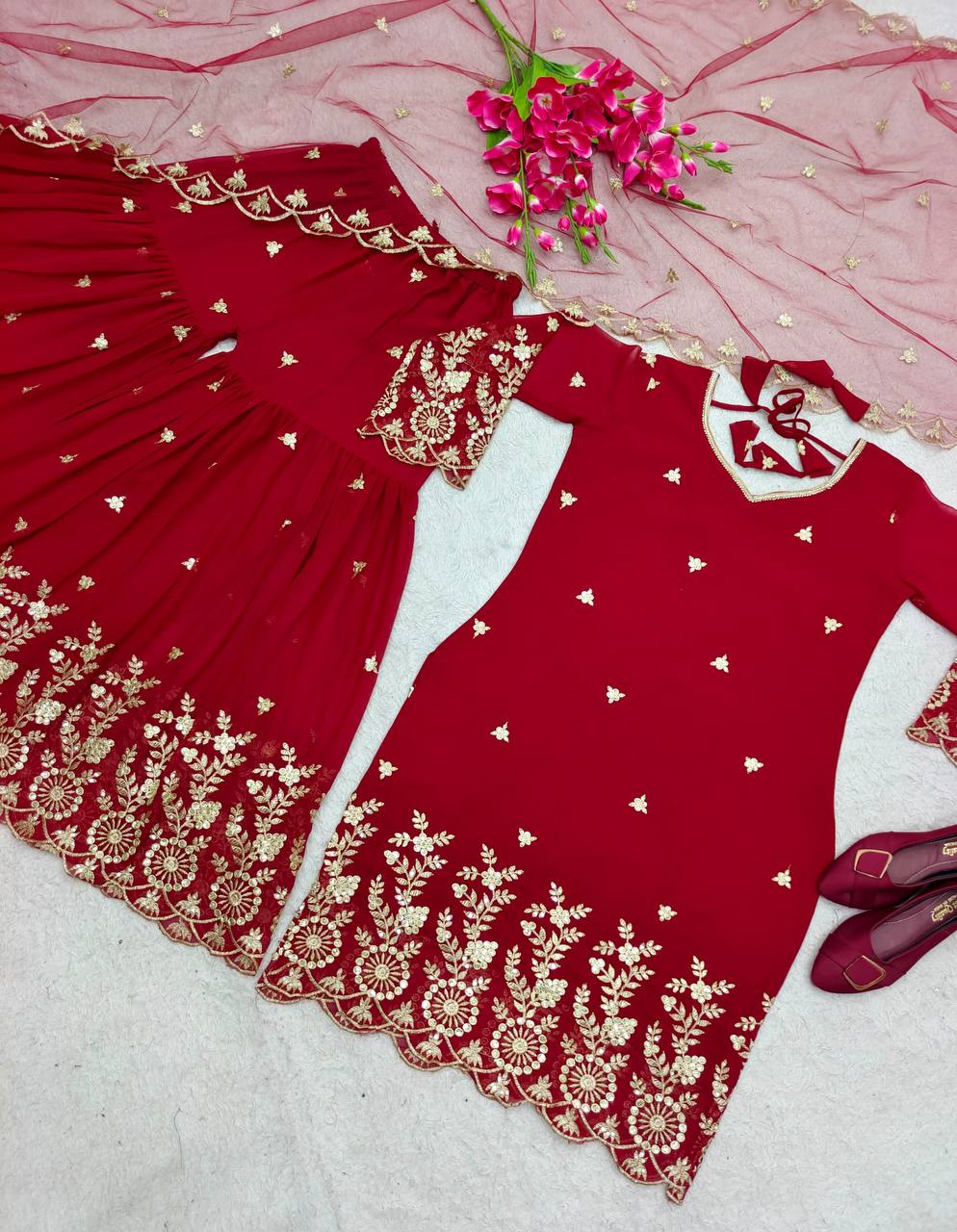 Function Wear Red Color Full Sequence Embroidery Work Sharara Suit