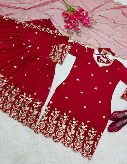 Function Wear Red Color Full Sequence Embroidery Work Sharara Suit