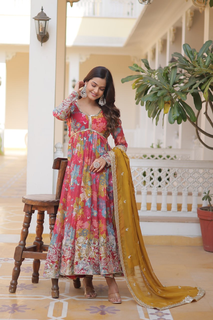 Digital Printed Russian Silk Pink Color Gown With Yellow Dupatta