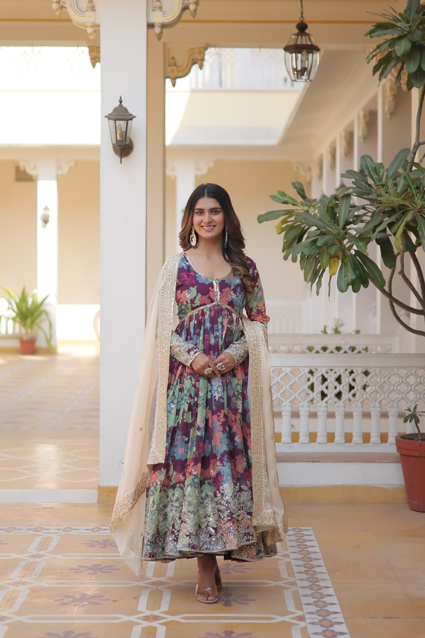 Digital Printed Russian Silk Wine Color Gown With Cream Dupatta