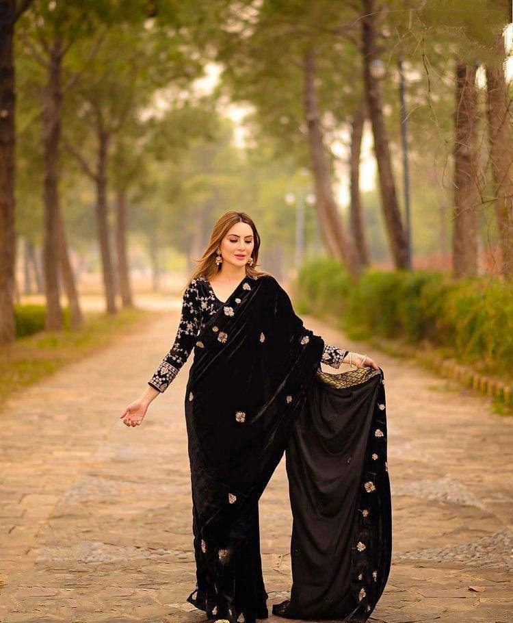 Precious Embroidery Work Black Color Velvet Saree