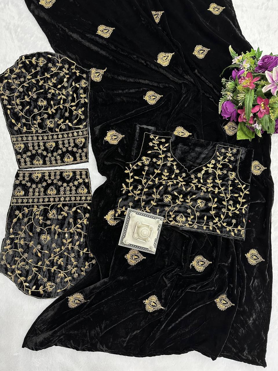 Precious Embroidery Work Black Color Velvet Saree