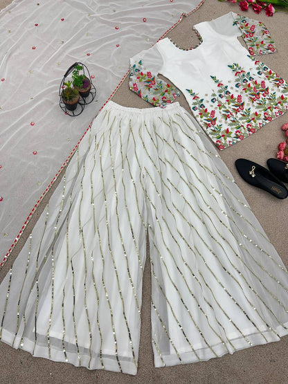 Trendy White Color Thread Sequence Work Flair Palazzo Suit