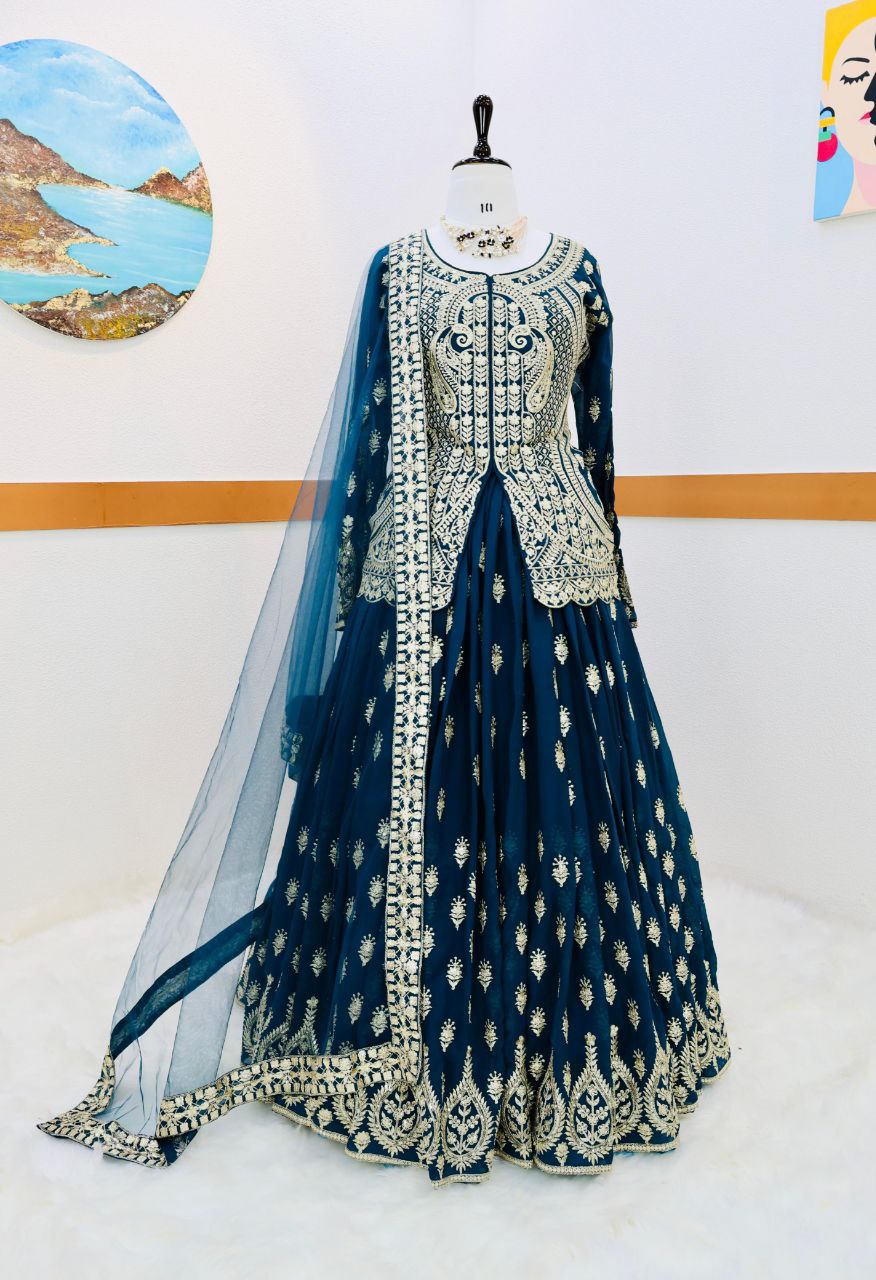 Embellished Embroidery Work Teal Blue Color Lehenga Choli