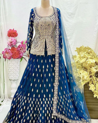 Embellished Embroidery Work Teal Blue Color Lehenga Choli