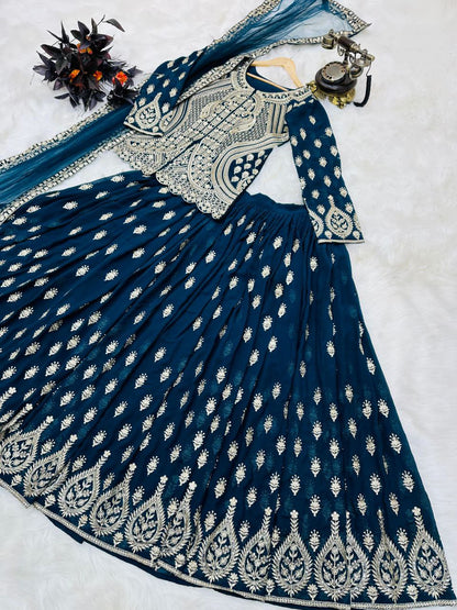 Embellished Embroidery Work Teal Blue Color Lehenga Choli