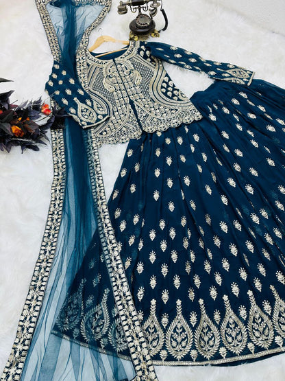 Embellished Embroidery Work Teal Blue Color Lehenga Choli