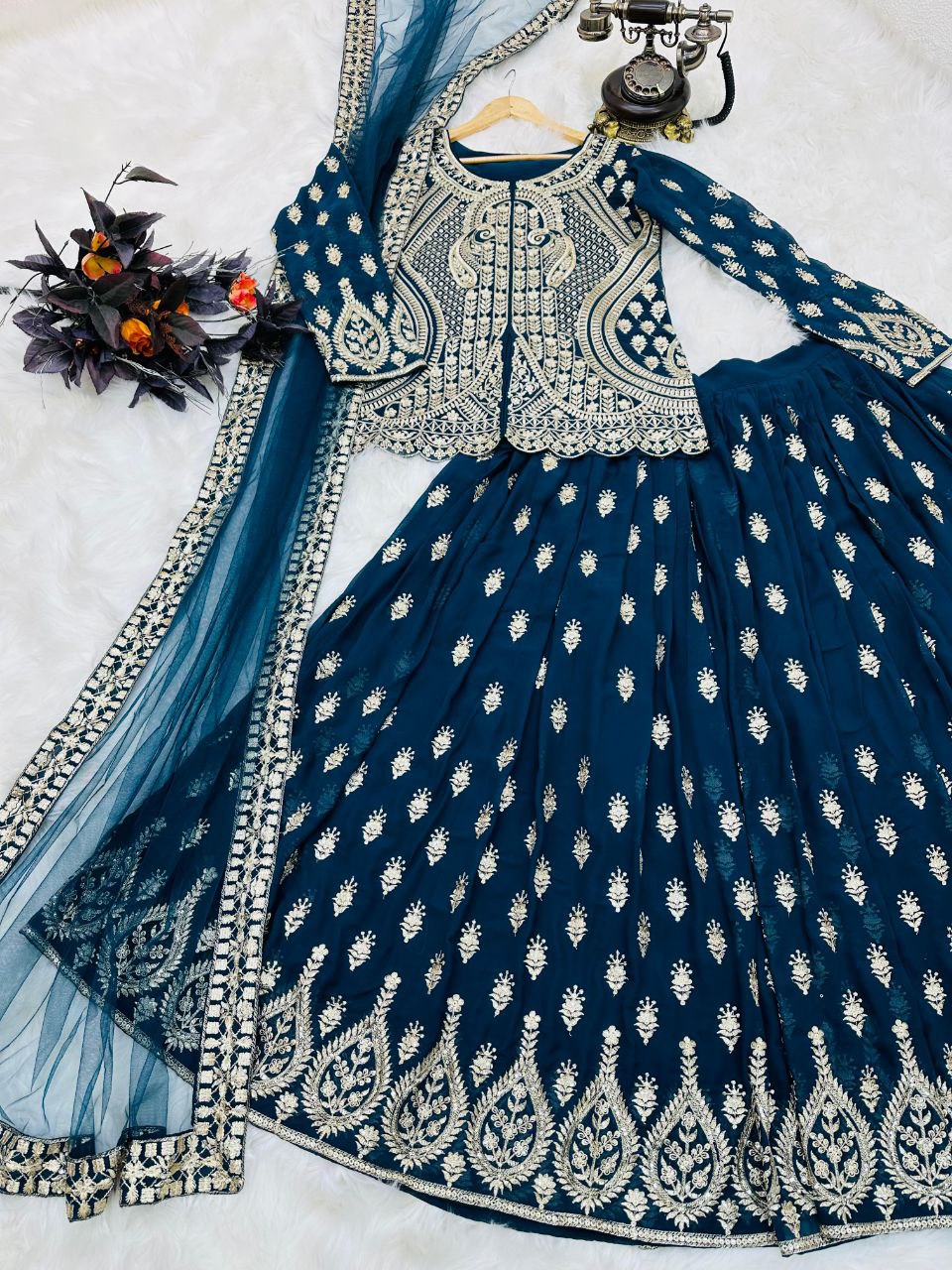 Embellished Embroidery Work Teal Blue Color Lehenga Choli