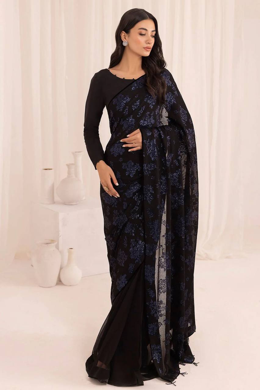 Heavy Sequence Work Blue Color Party Wear Saree