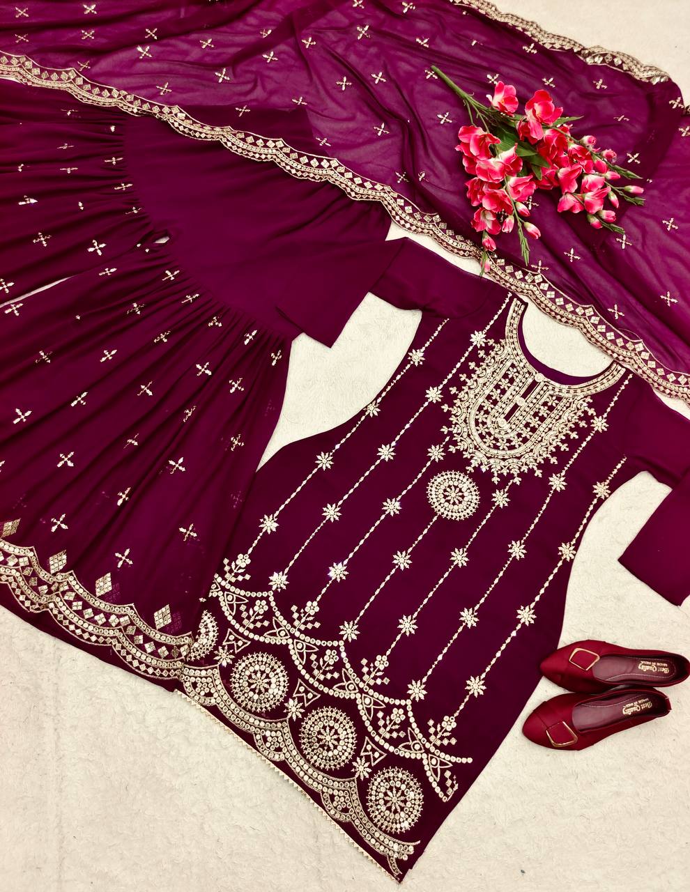 Occasion Wear Wine Color Embroidered Sharara Suit