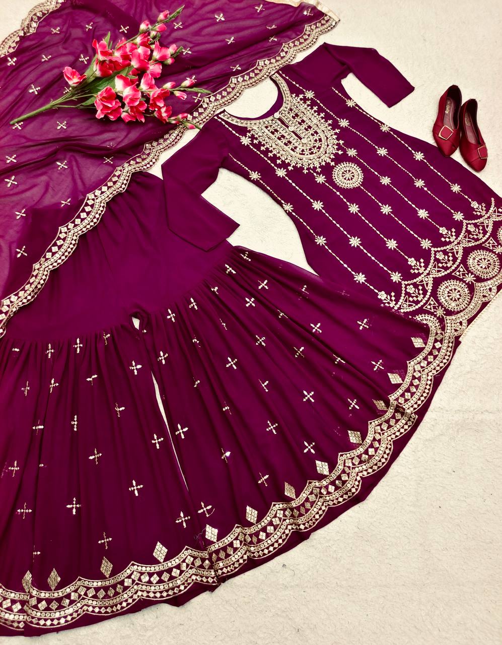 Occasion Wear Wine Color Embroidered Sharara Suit