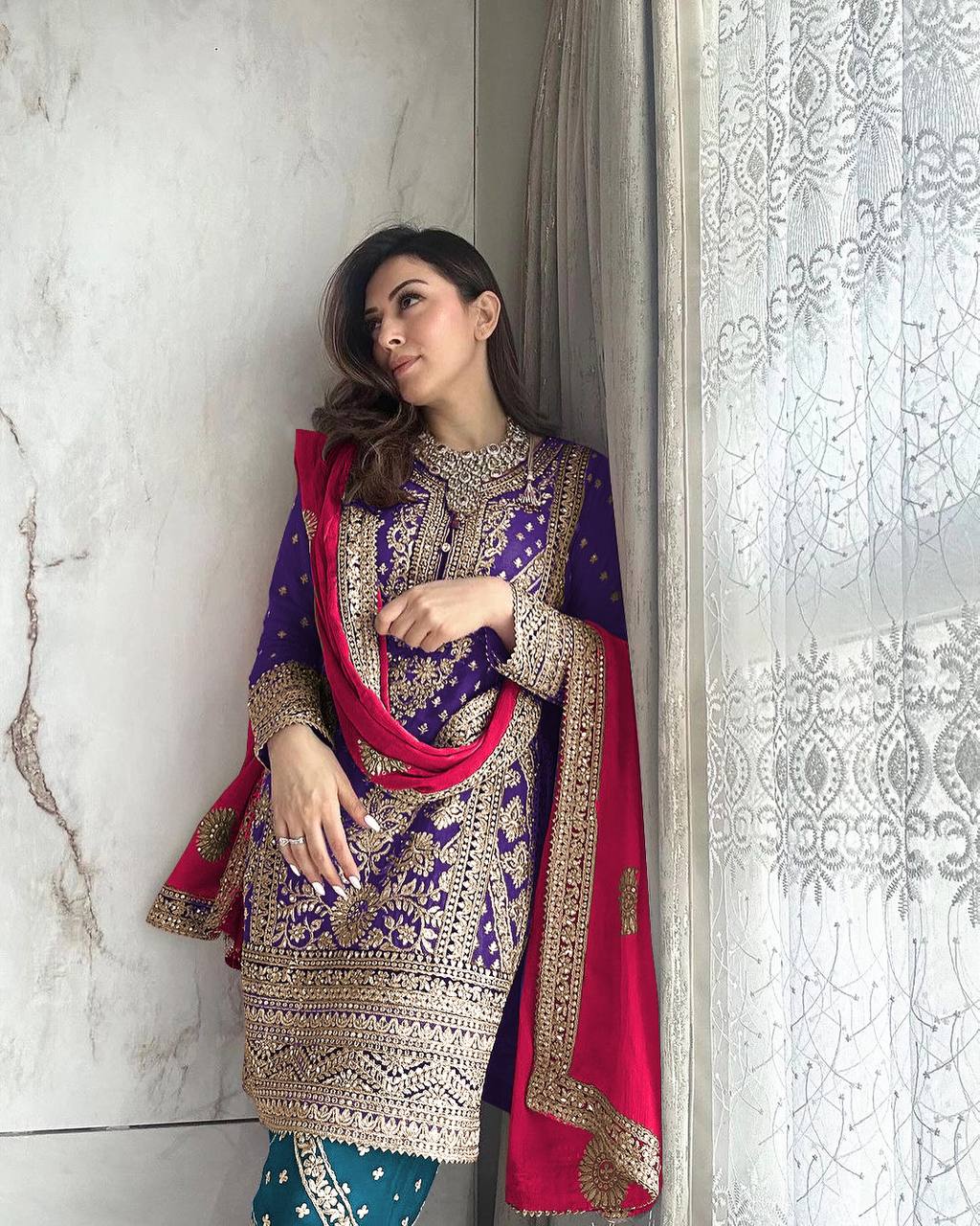 Heavy Exotic Embroidery Work Purple Palazzo Suit