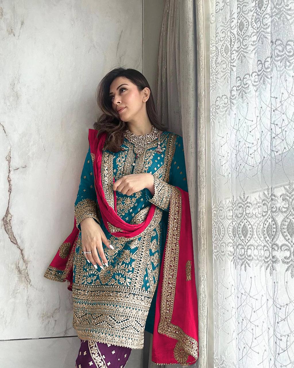 Heavy Exotic Embroidery Work Blue Palazzo Suit