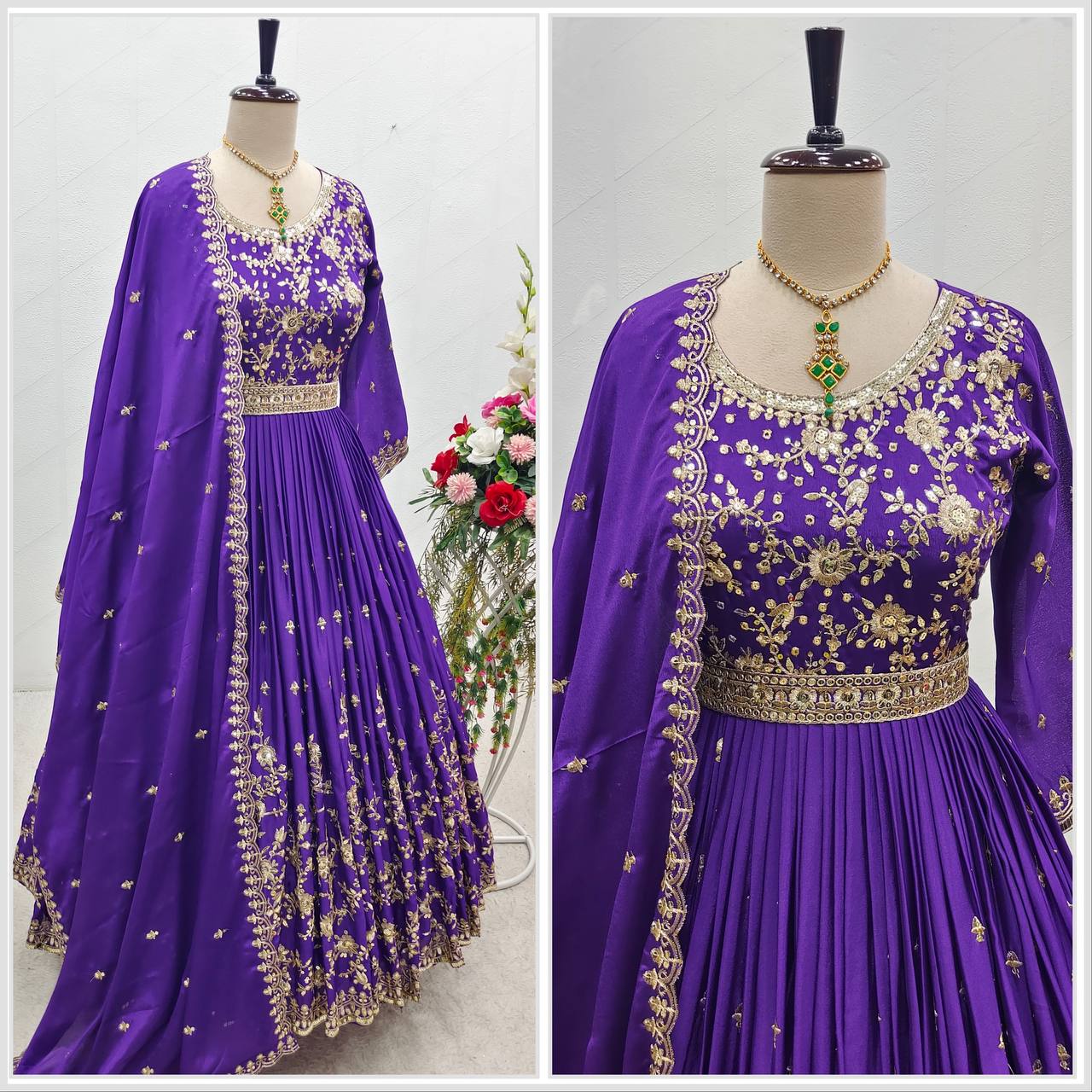 Wedding Wear Purple Sequence Embroidery Work Long Gown