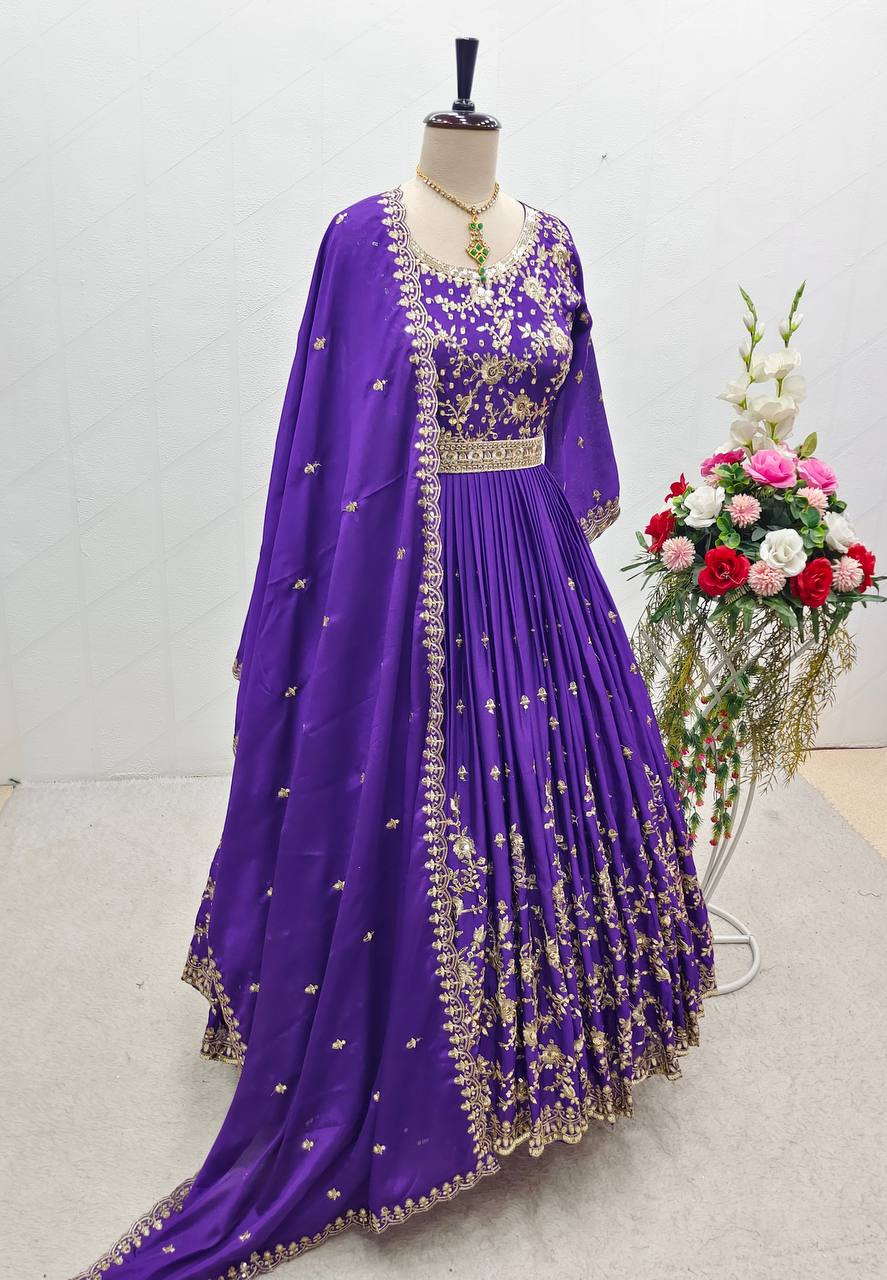 Wedding Wear Purple Sequence Embroidery Work Long Gown