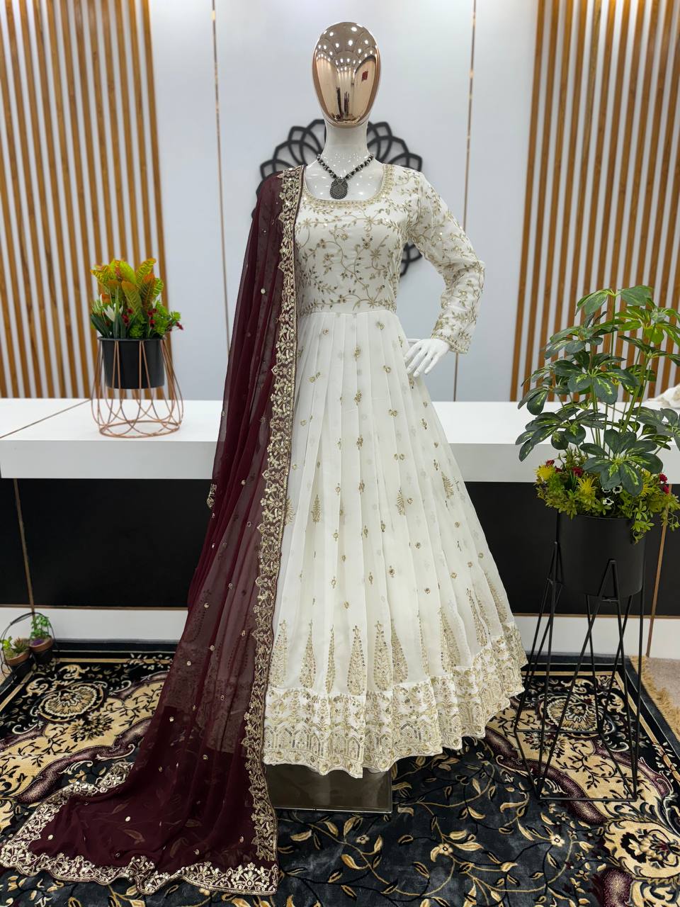 White Heavy Embroidery Sequence Work Gown With Maroon Dupatta