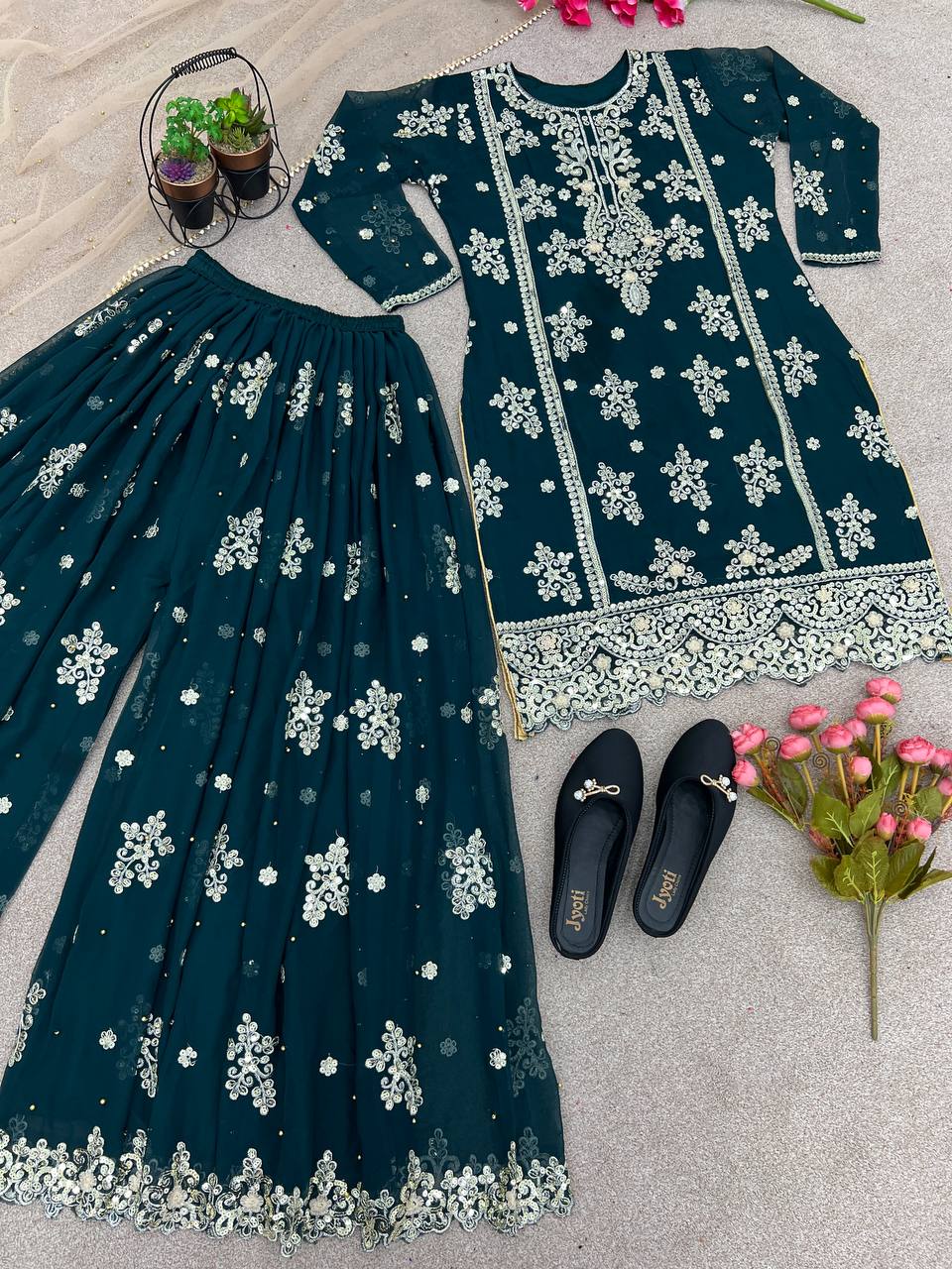 Superhit Sequence Work Teal Green Color Sharara Suit