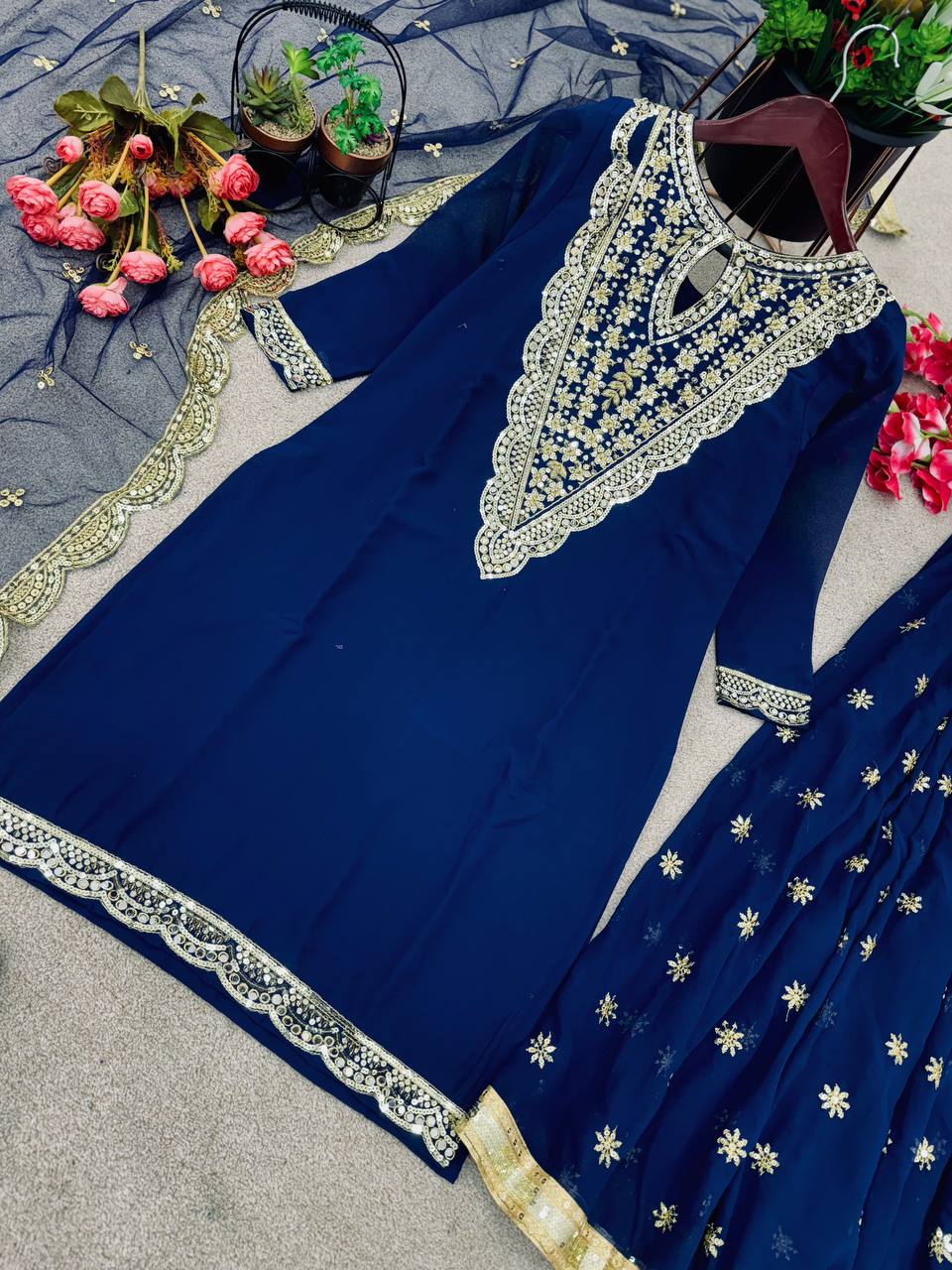 Occasion Wear Sequence Work Navy Blue Color Georgette Sharara Suit