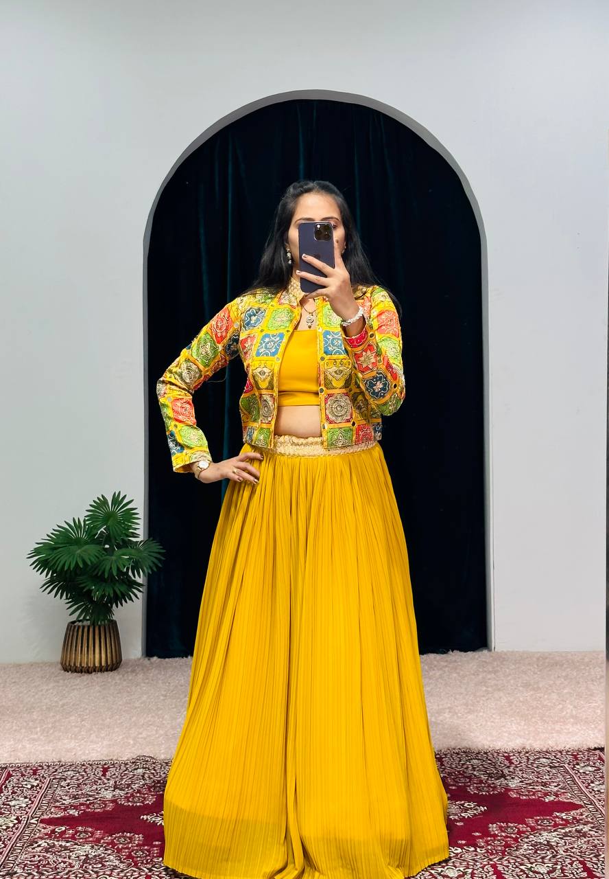 Crush Yellow Lehenga Set With Hand Embellished Jacket