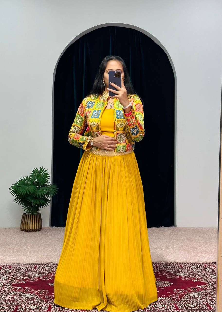 Crush Yellow Lehenga Set With Hand Embellished Jacket