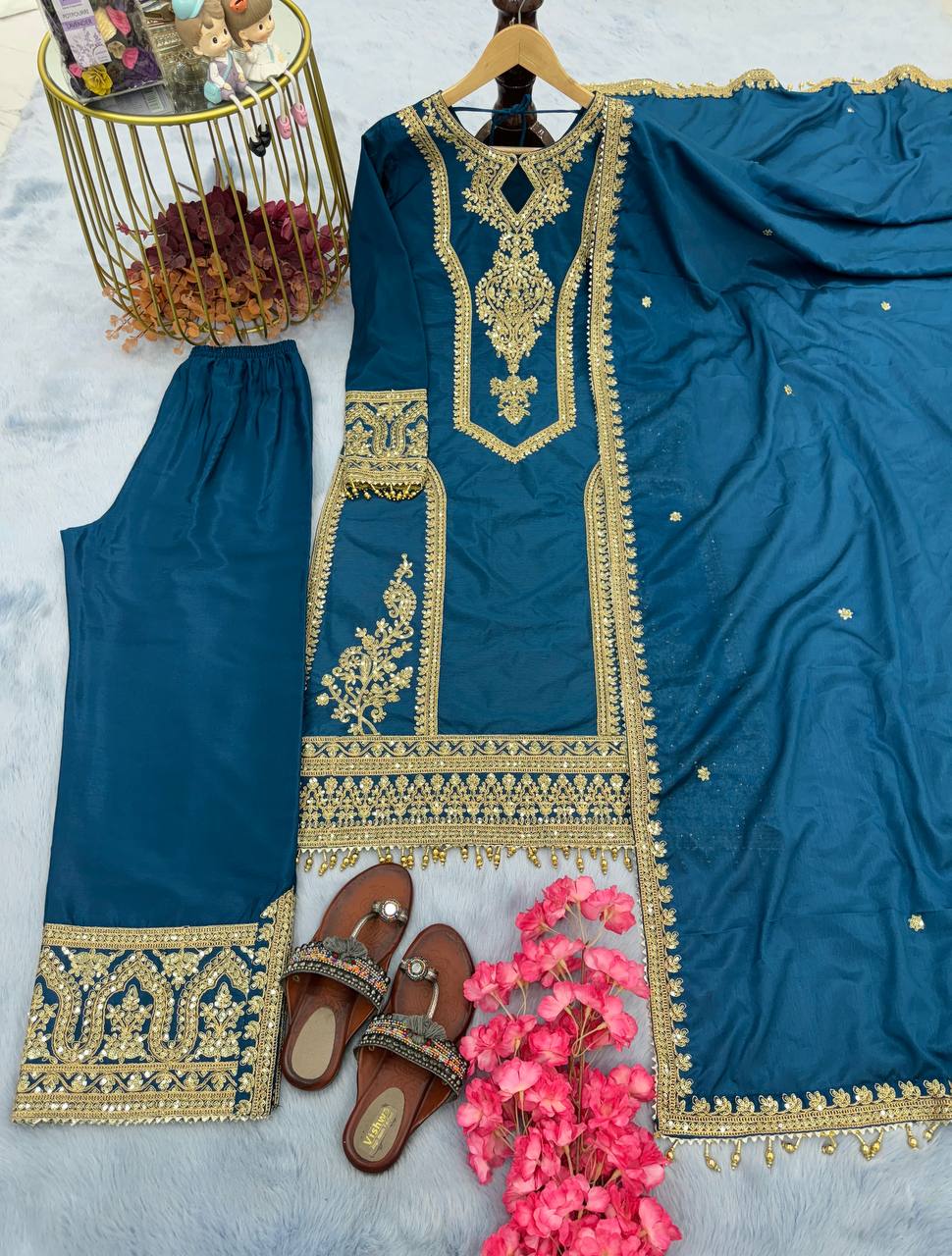 Party Wear Embroidery Work Teal Blue Kurti Pant With Dupatta