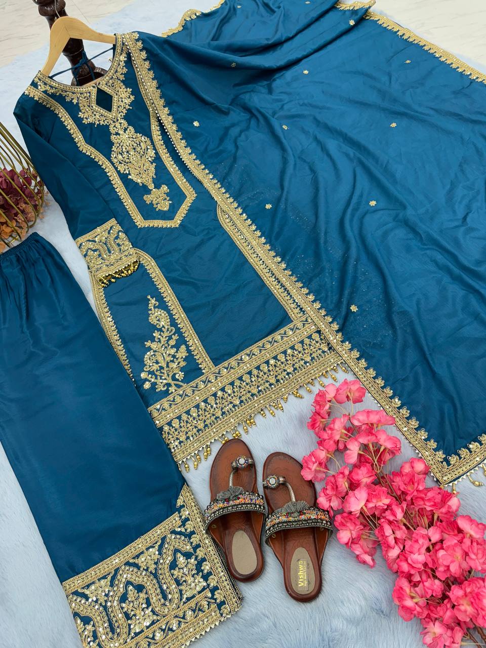 Party Wear Embroidery Work Teal Blue Kurti Pant With Dupatta