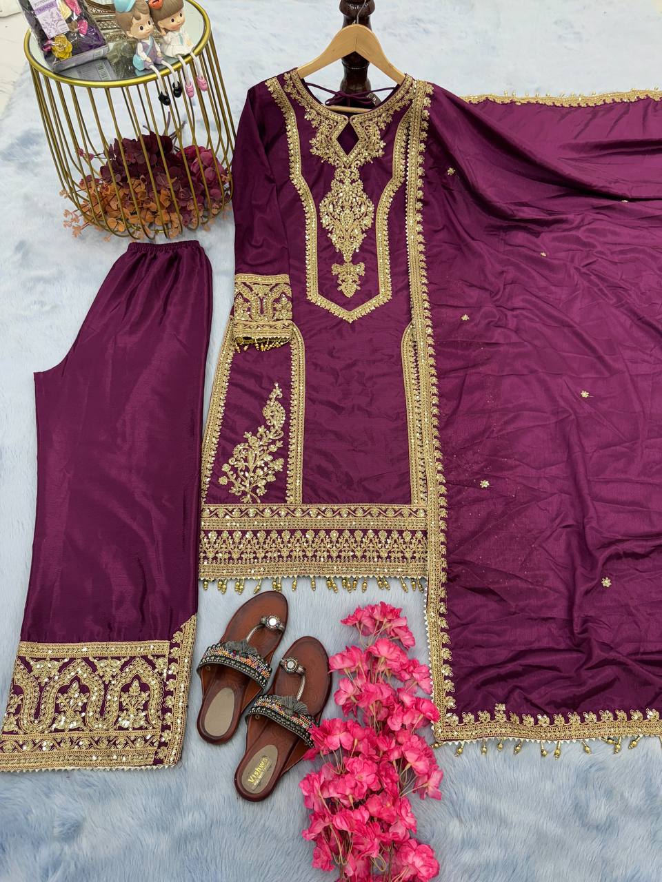 Party Wear Embroidery Work Wine Kurti Pant With Dupatta