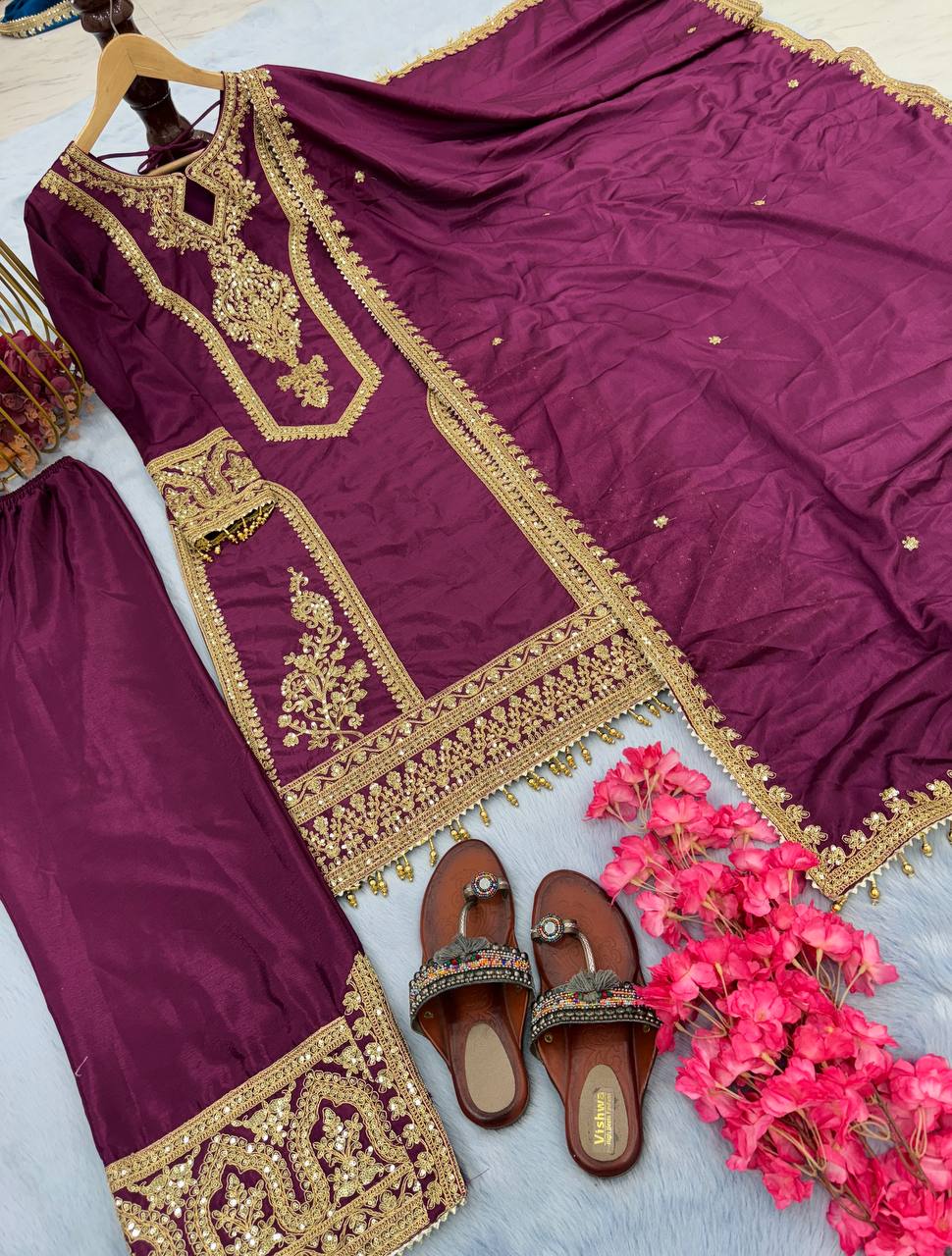 Party Wear Embroidery Work Wine Kurti Pant With Dupatta