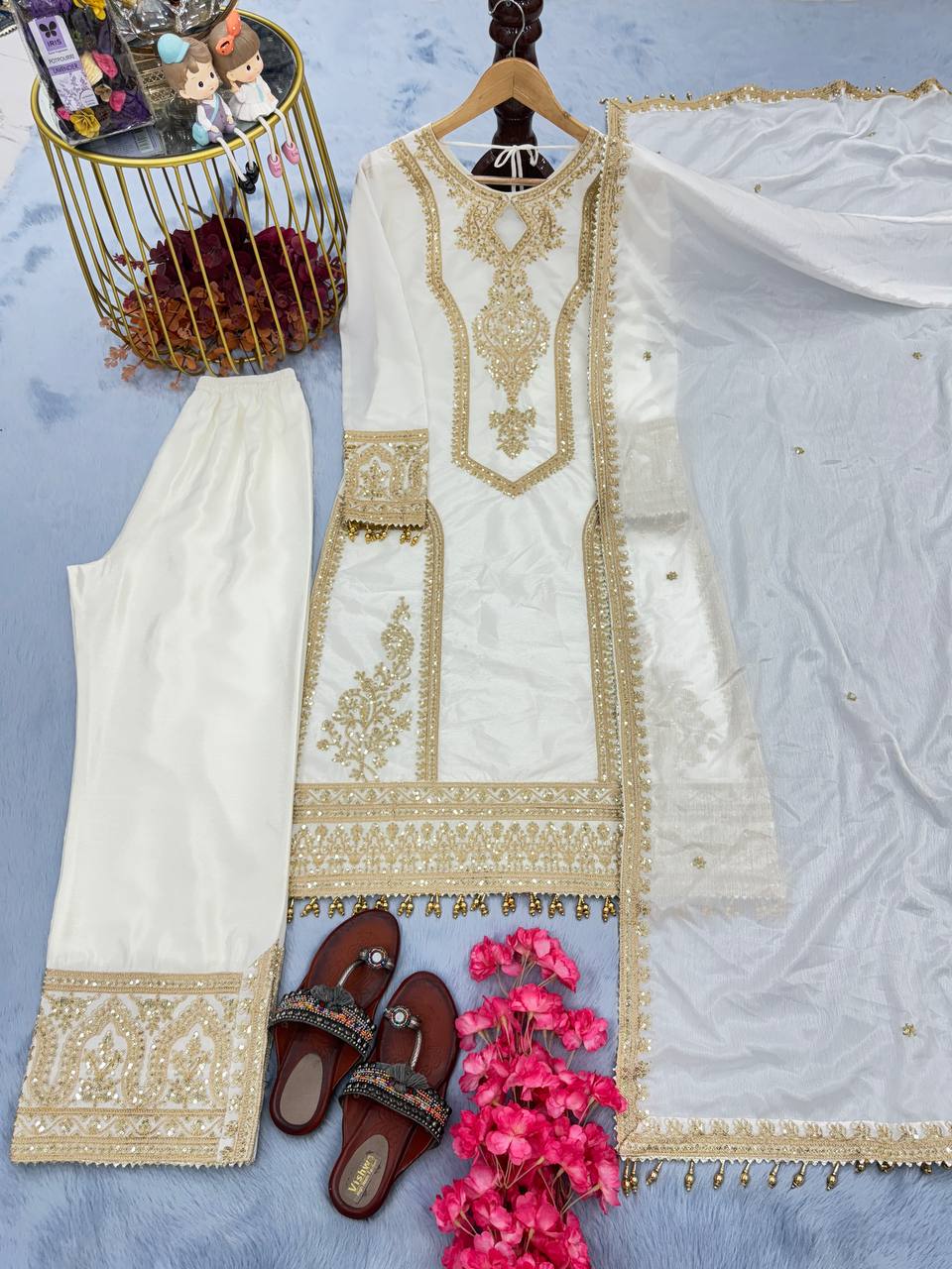 Party Wear Embroidery Work White Kurti Pant With Dupatta