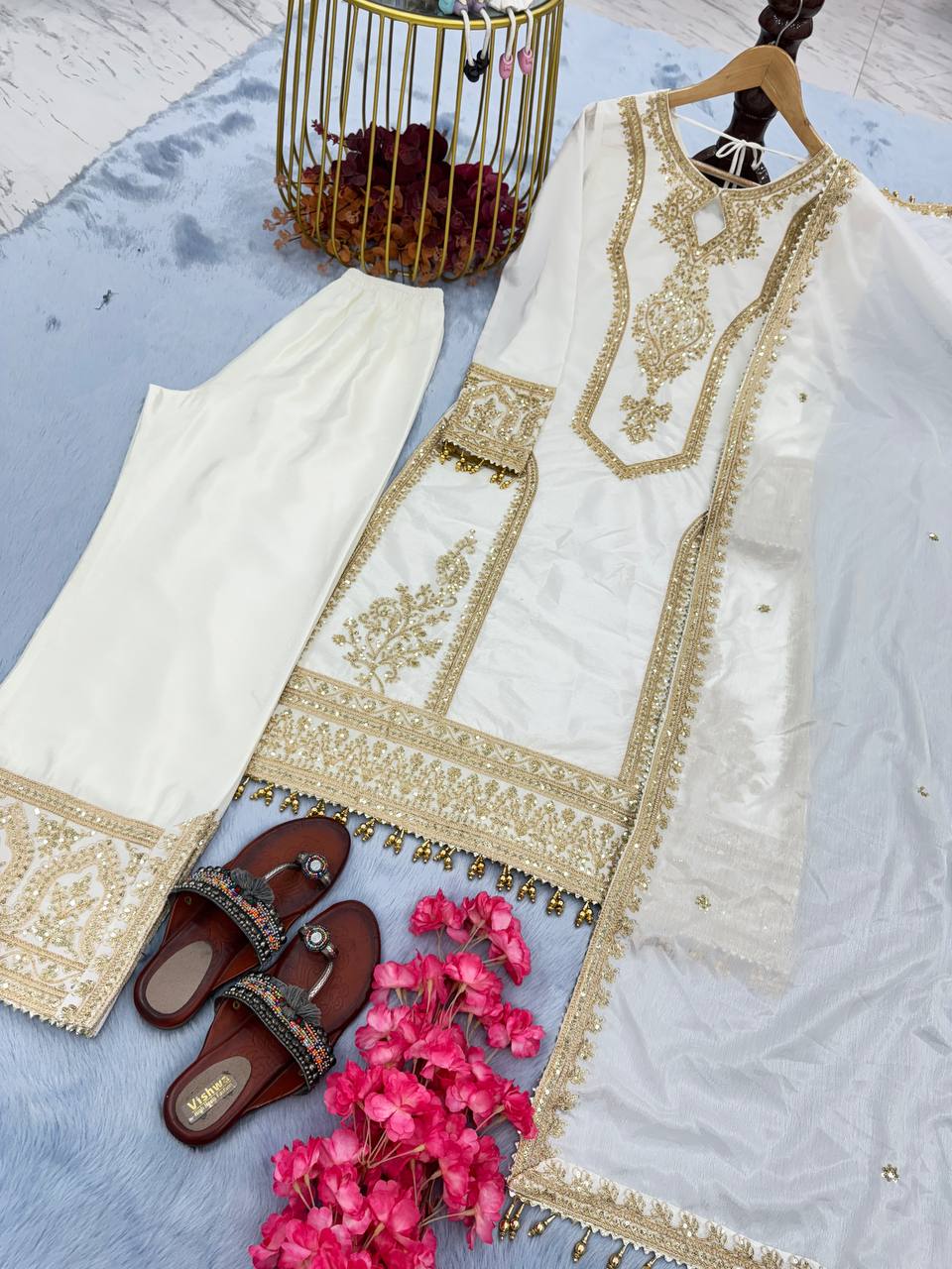 Party Wear Embroidery Work White Kurti Pant With Dupatta