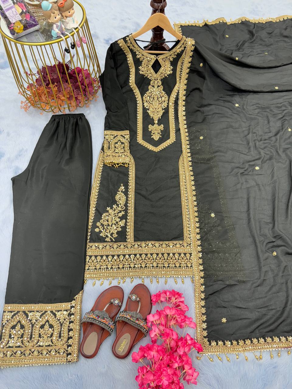 Party Wear Embroidery Work Black Kurti Pant With Dupatta