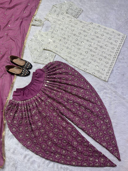 Shining Work Dusty Pink Dhoti With White Top