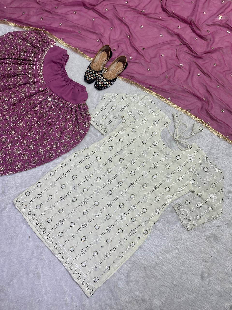 Shining Work Dusty Pink Dhoti With White Top